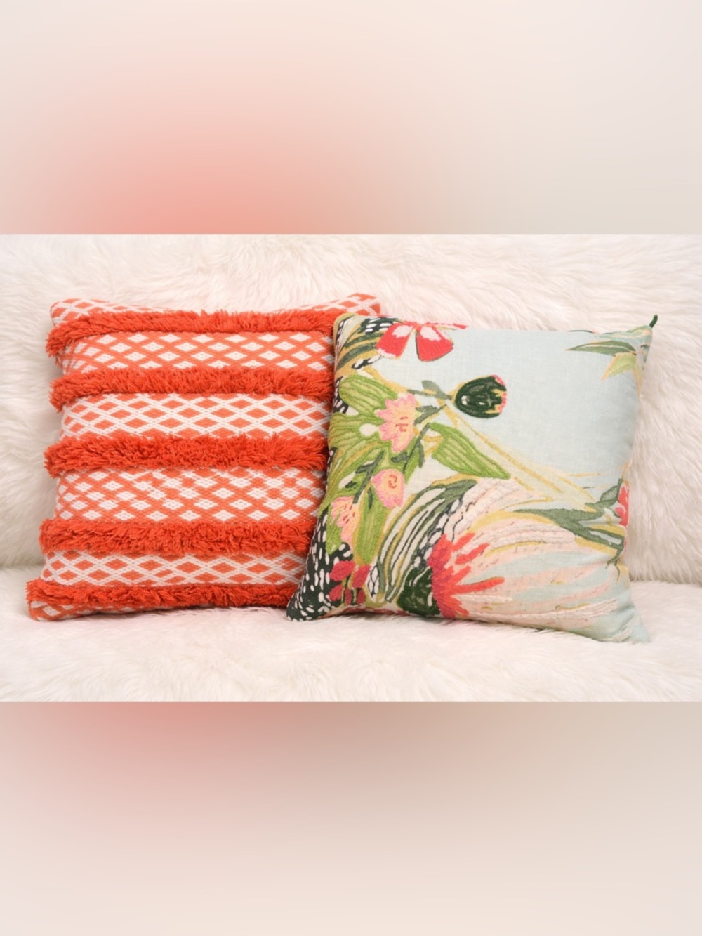 Anthropologie Boho Throw Pillows Set of 2 | Textured Fringe + Floral | 18x18